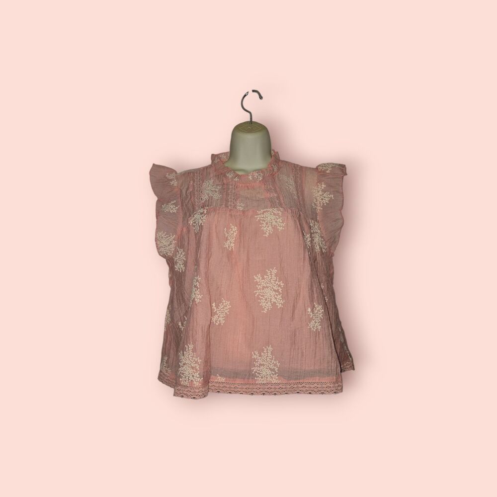 And Now This Pink Embroidered Flutter Sleeve Mock Neck Boho Top Large Floral